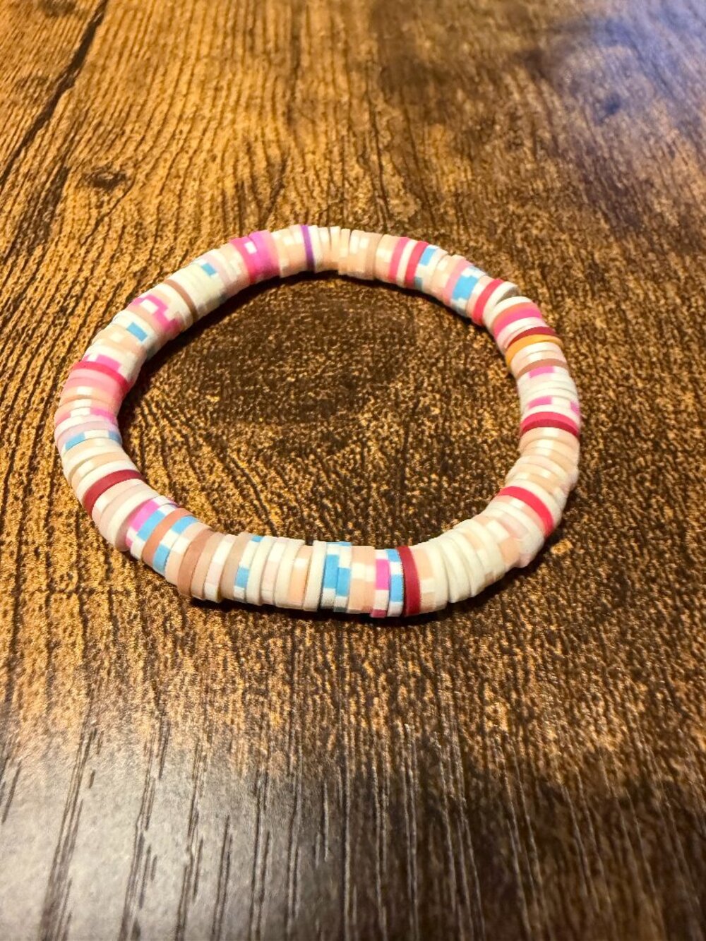 🍓 Neapolitan Heishi Disc Stacker Bracelet: Pastel Pink, Blue & Clay Loop